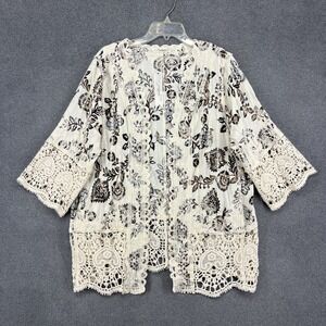 Solitaire Boho Floral Kimono Cardigan 1X Crochet Lace Trim Duster Cover Up